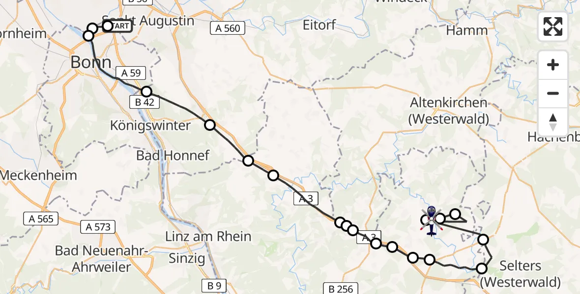 Flugroute Polizeihubschrauber Sankt Augustin - Raubach, 10 Juni 2026, 07:33
