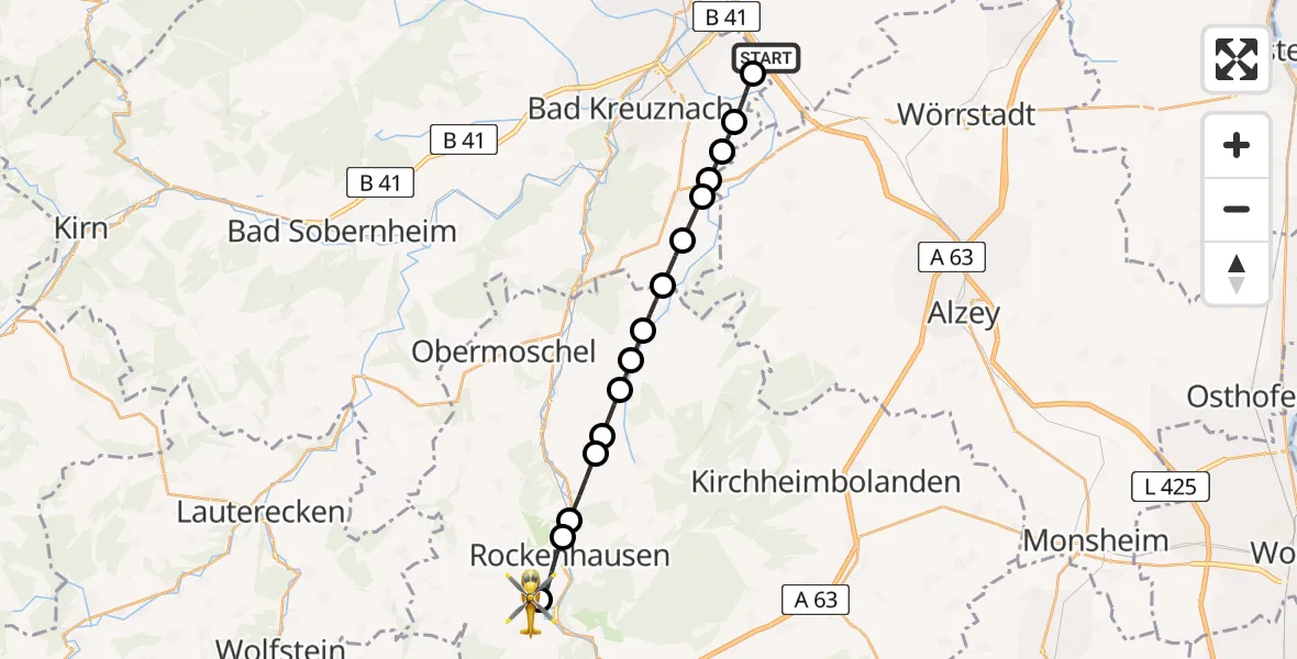 Flugroute Rettungshubschrauber Zotzenheim - Imsweiler UL, 10 Juni 2026, 07:34
