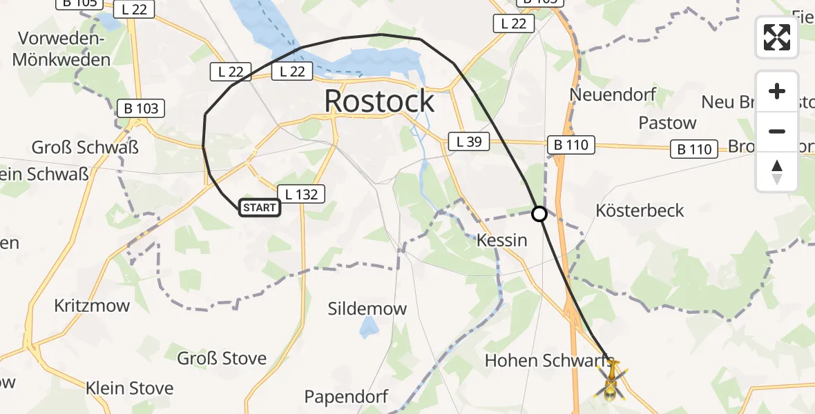 Flugroute Ambulanzhubschrauber Rostock - Dummerstorf, 10 Juni 2026, 07:37