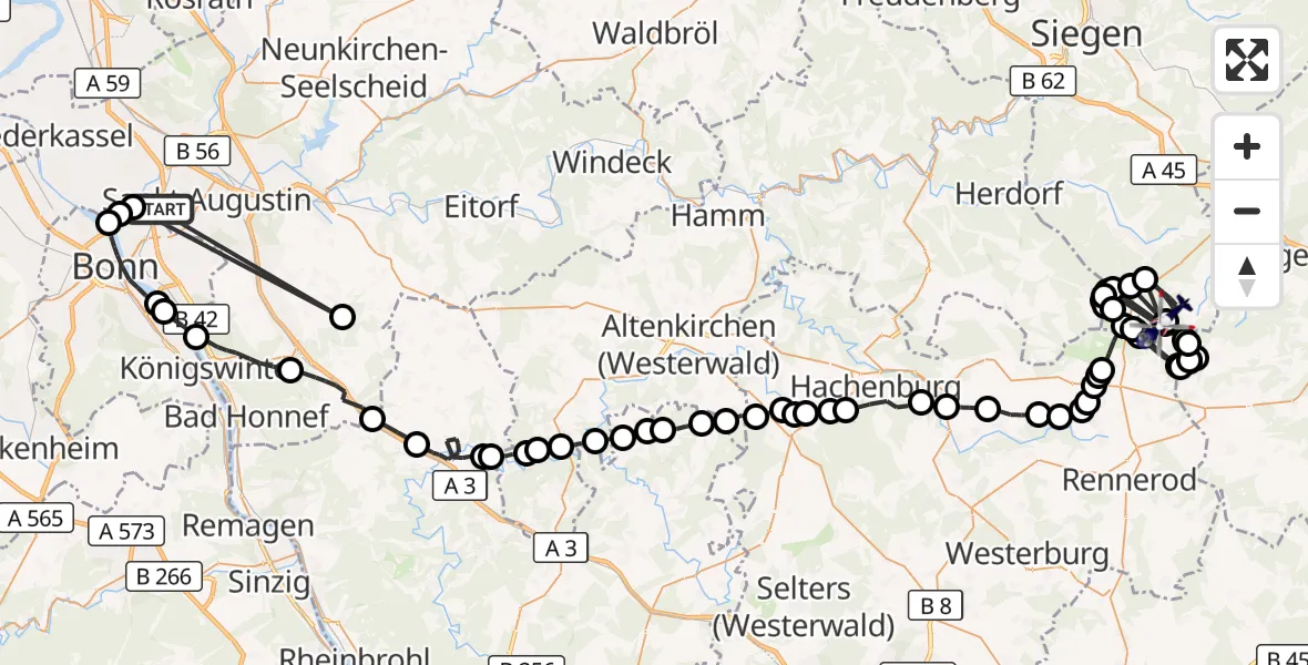 Flugroute Polizeihubschrauber Sankt Augustin - Siegerland Flughafen, 10 Juni 2026, 07:37