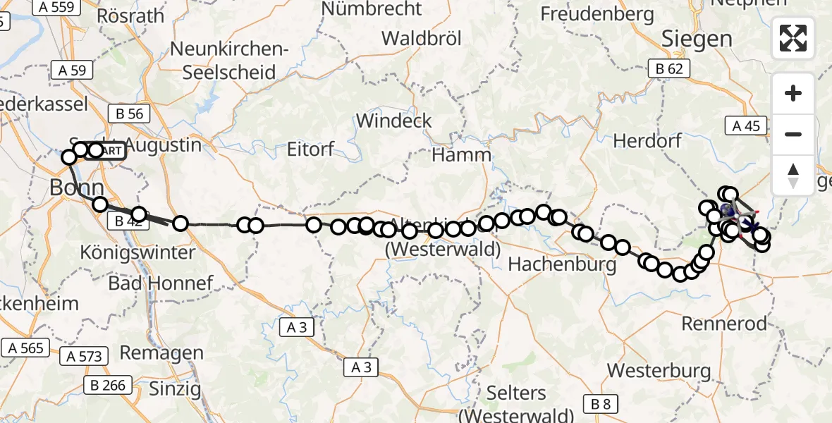 Flugroute Polizeihubschrauber Sankt Augustin - Siegerland Flughafen, 10 Juni 2026, 07:39