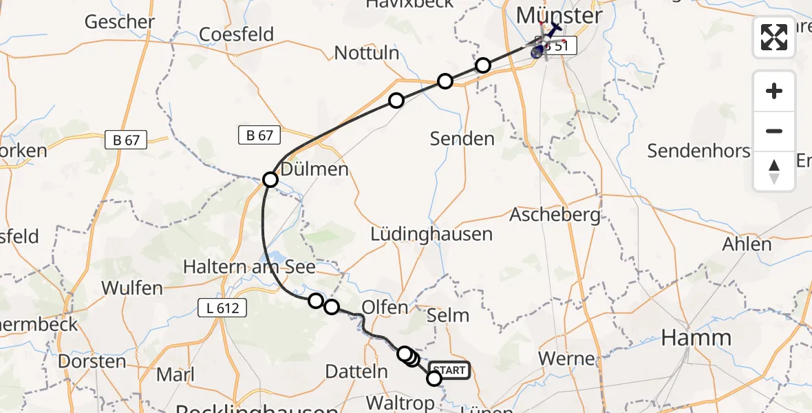 Flugroute Polizeihubschrauber Selm - Münster, 10 Juni 2026, 07:41