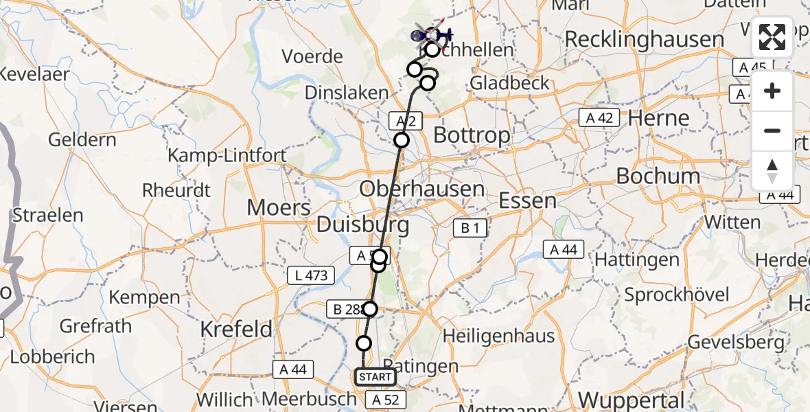 Flugroute Polizeihubschrauber Düsseldorf Flughafen - Dinslaken-Schwarze Heide Flugplatz, 10 Juni 2026, 07:42