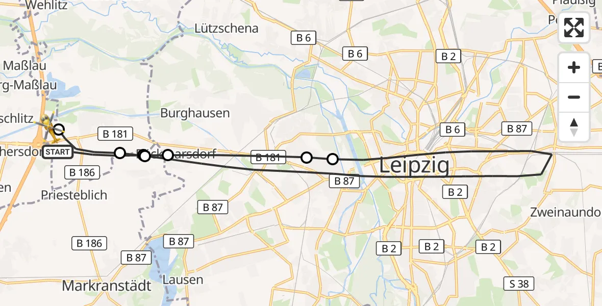 Flugroute Rettungshubschrauber Schkeuditz - ADAC Air Rescue Station Leipzig/Schkeuditz-Dölzig Hubschrauberlandeplatz (Christoph 61), 10 Juni 2026, 07:45