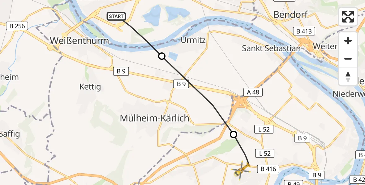 Flugroute Rettungshubschrauber Neuwied - Koblenz, 10 Juni 2026, 07:46
