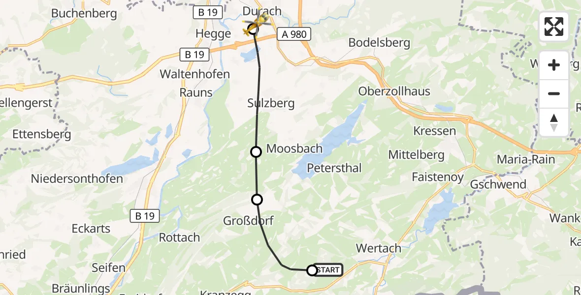 Flugroute Rettungshubschrauber Wertach - Kempten-Durach Flugplatz, 10 Juni 2026, 07:47