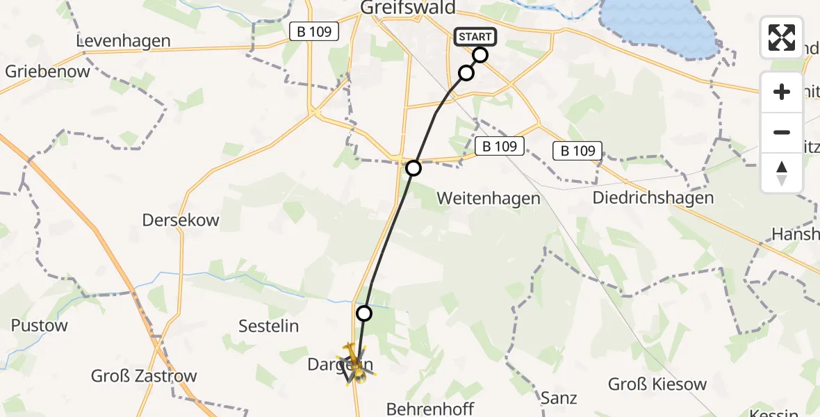 Flugroute Rettungshubschrauber Greifswald Hospital - Dargelin, 10 Juni 2026, 07:48
