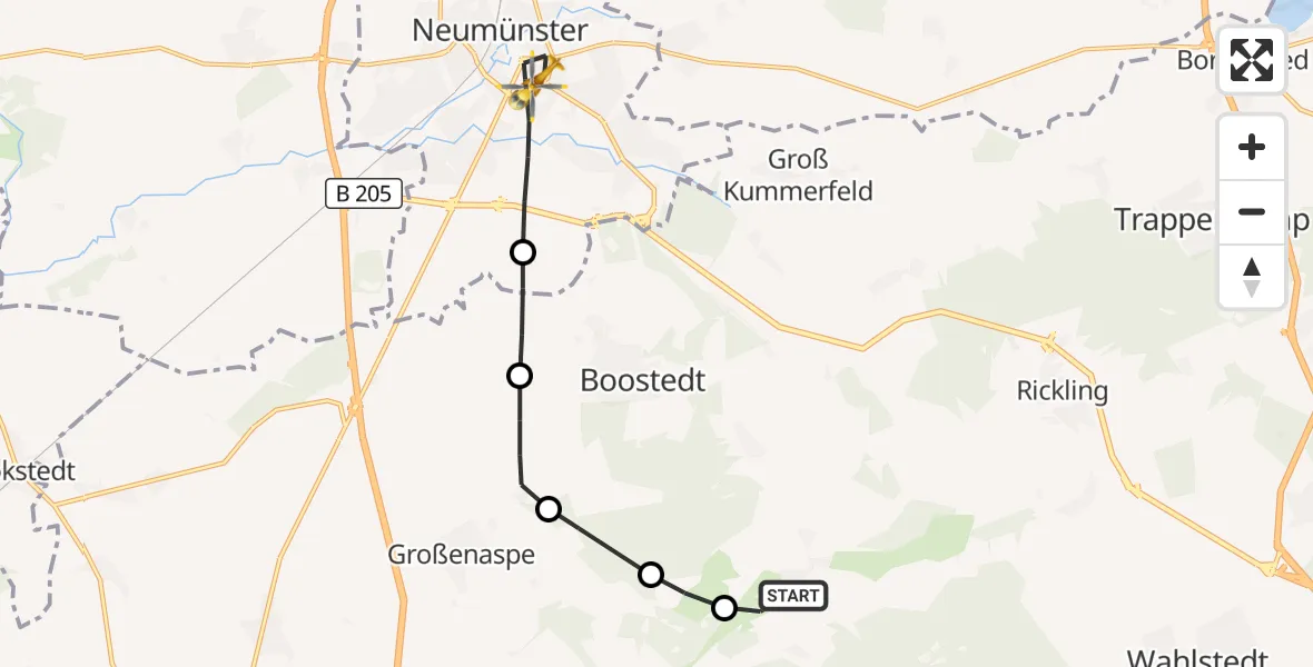 Flugroute Rettungshubschrauber Heidmühlen - Neumünster, 10 Juni 2026, 07:48