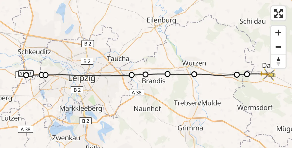 Flugroute Rettungshubschrauber ADAC Air Rescue Station Leipzig/Schkeuditz-Dölzig Hubschrauberlandeplatz (Christoph 61) - Wermsdorf, 10 Juni 2026, 07:48