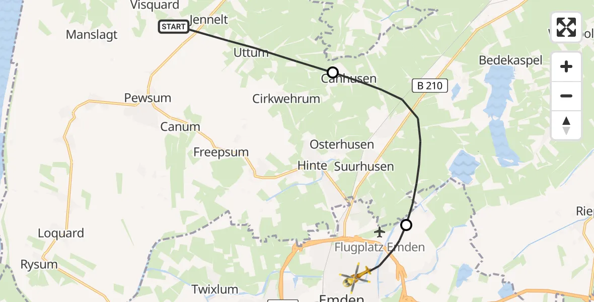 Flugroute Ambulanzhubschrauber Krummhörn - Emden, 10 Juni 2026, 07:56