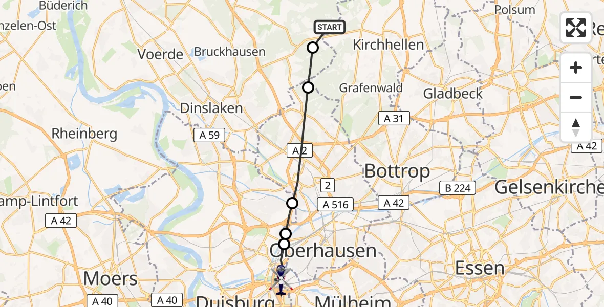 Flugroute Polizeihubschrauber Dinslaken-Schwarze Heide Flugplatz - Duisburg, 10 Juni 2026, 08:21