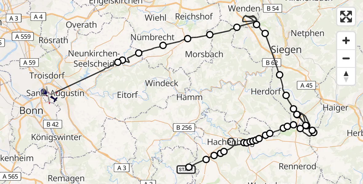 Flugroute Polizeihubschrauber Woldert - Bonn-Hangelar Flugplatz, 10 Juni 2026, 08:26