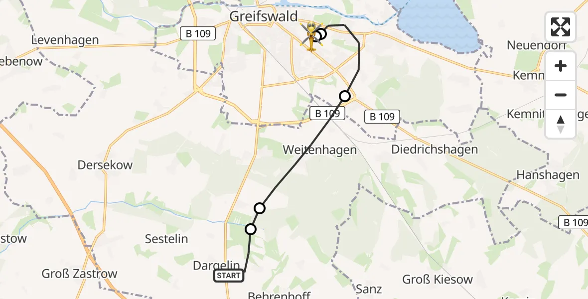 Flugroute Rettungshubschrauber Dargelin - Greifswald Hospital, 10 Juni 2026, 08:31