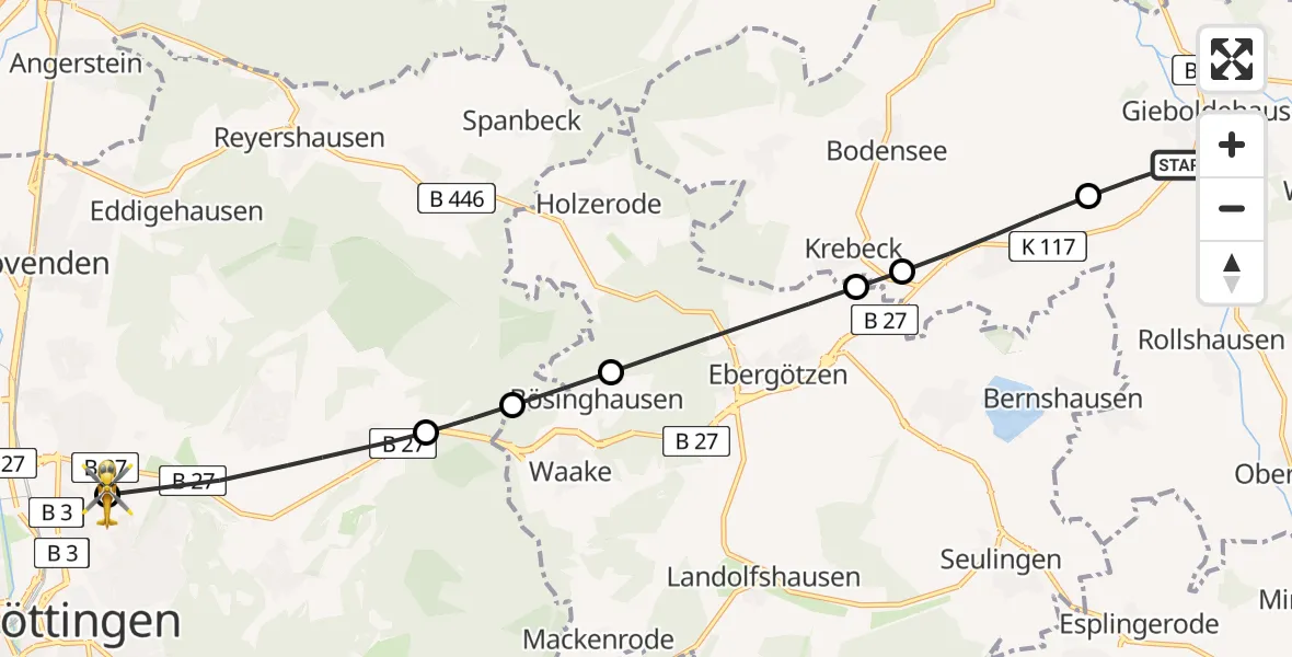 Flugroute Rettungshubschrauber Gieboldehausen - Göttingen University Clinic Hubschrauberlandeplatz, 10 Juni 2026, 08:36