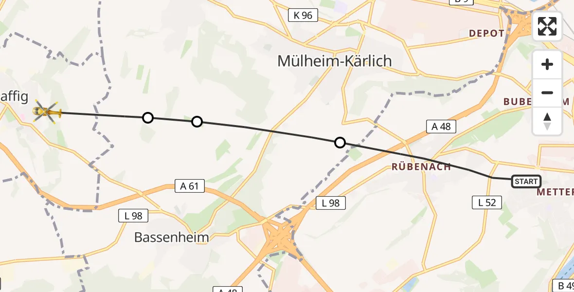 Flugroute Rettungshubschrauber Koblenz - Saffig, 10 Juni 2026, 08:38