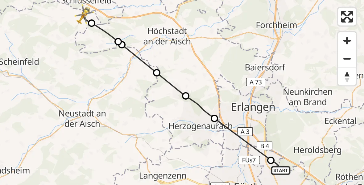 Flugroute Ambulanzhubschrauber Flughafen Nuremberg - Burghaslach, 10 Juni 2026, 08:44