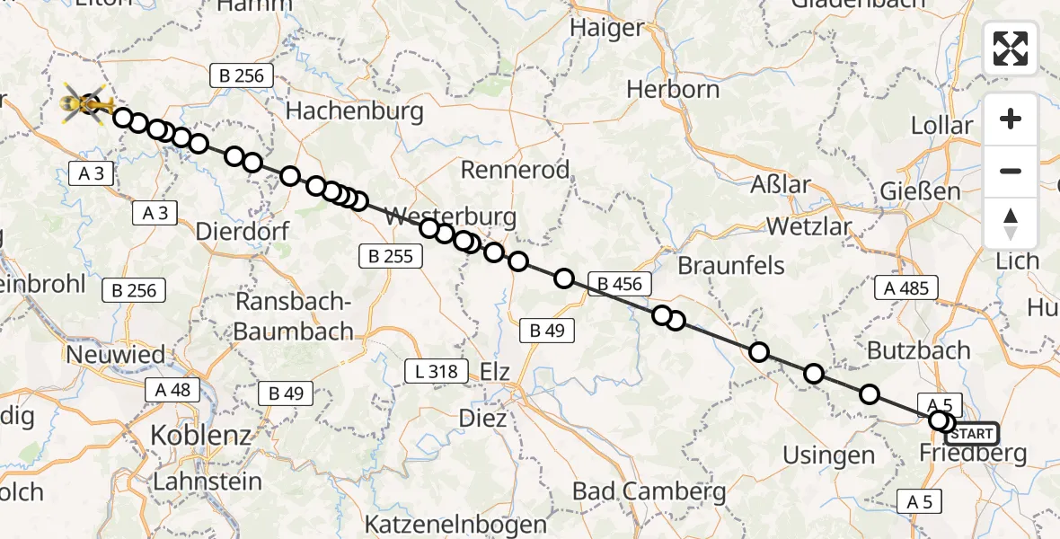 Flugroute Rettungshubschrauber Bad Nauheim - DRK Kamillus Hospital Asbach, 10 Juni 2026, 08:44