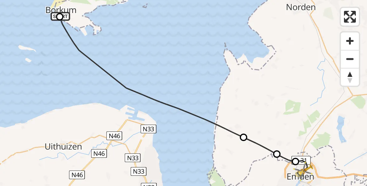 Flugroute Ambulanzhubschrauber Borkum Island Hospital - Emden, 10 Juni 2026, 09:00
