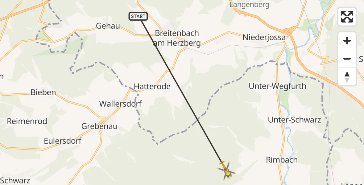 Flugroute Rettungshubschrauber Breitenbach a.Herzberg - Schlitz, 10 Juni 2026, 09:08