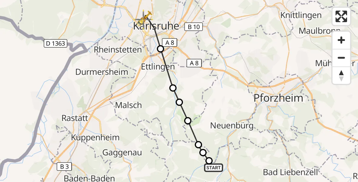 Flugroute Ambulanzhubschrauber Bad Wildbad - Karlsruhe, 10 Juni 2026, 09:10