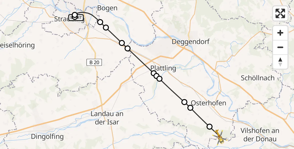 Flugroute Rettungshubschrauber Sankt Elisabeth Hospital Straubing - Künzing, 10 Juni 2026, 09:11