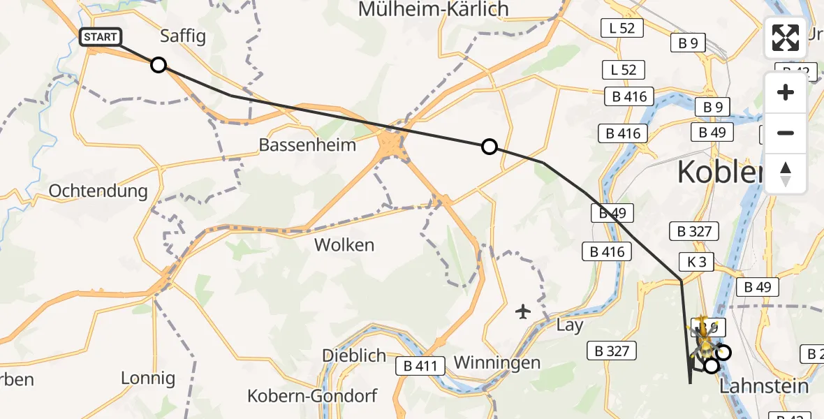 Flugroute Rettungshubschrauber Plaidt - Koblenz, 10 Juni 2026, 09:16