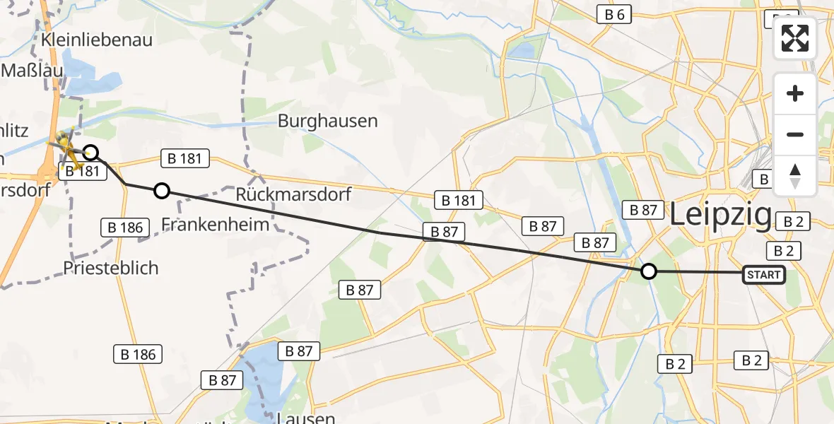 Flugroute Rettungshubschrauber Leipzig University Hospital Heliport 1 - ADAC Air Rescue Station Leipzig/Schkeuditz-Dölzig Hubschrauberlandeplatz (Christoph 61), 10 Juni 2026, 09:17
