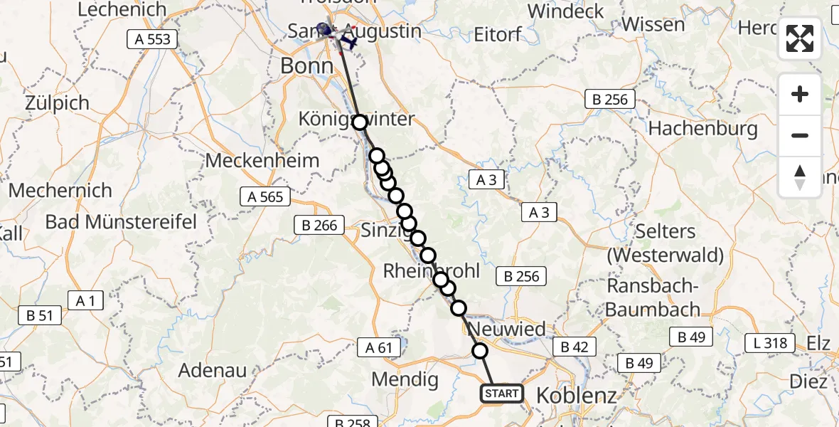 Flugroute Polizeihubschrauber Bassenheim - Bonn-Hangelar Flugplatz, 10 Juni 2026, 09:19