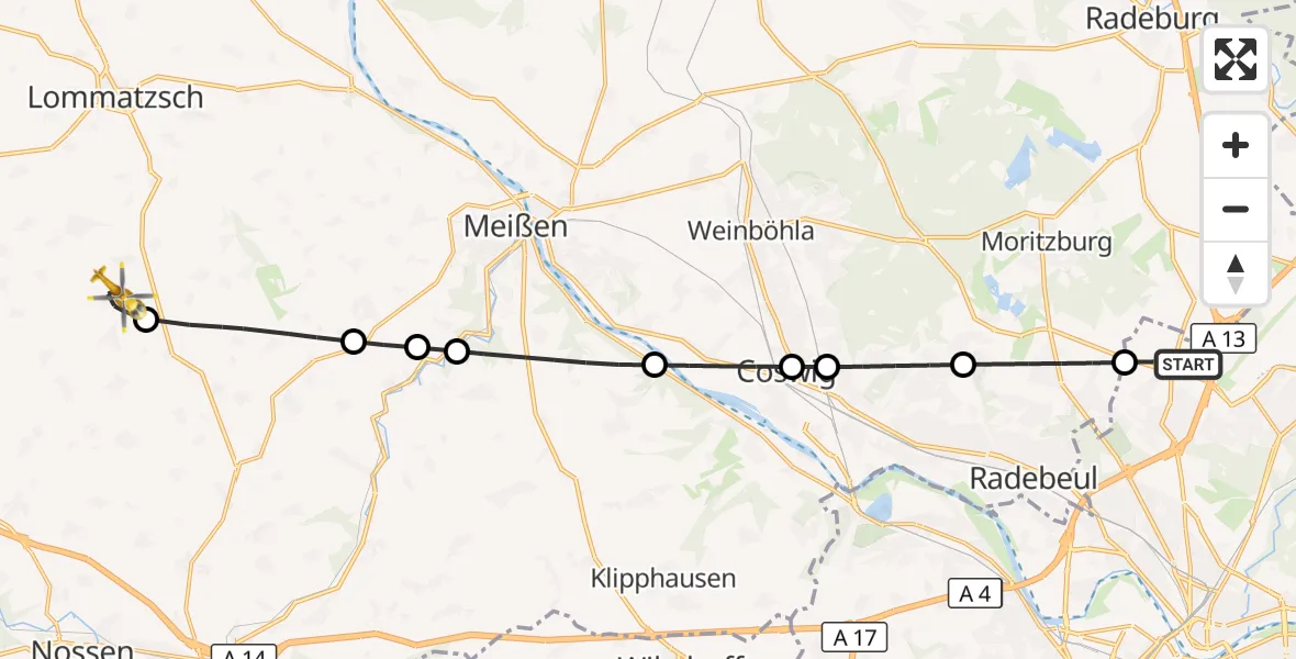 Flugroute Rettungshubschrauber Dresden - Nossen, 10 Juni 2026, 09:22