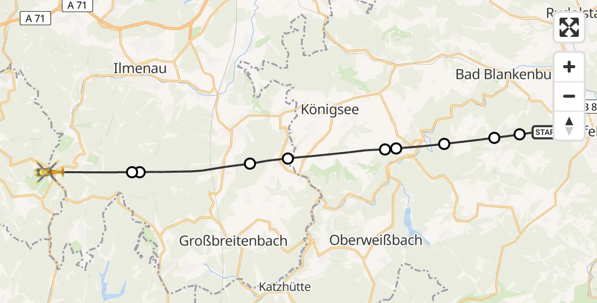 Flugroute Rettungshubschrauber Saalfeld/Saale - Suhl, 10 Juni 2026, 09:22