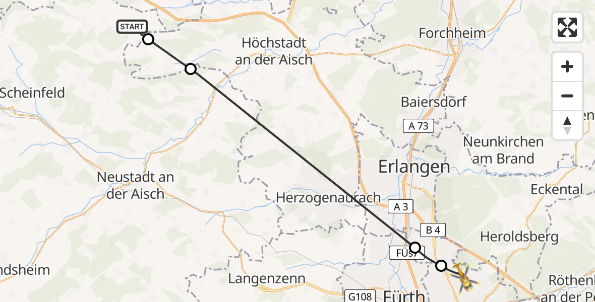 Flugroute Ambulanzhubschrauber Burghaslach - Flughafen Nuremberg, 10 Juni 2026, 09:29