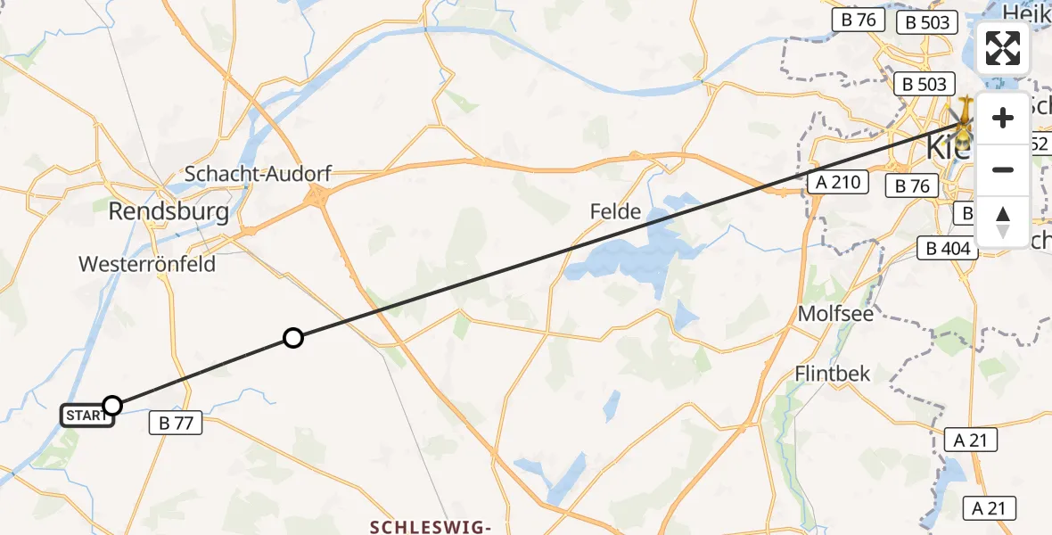 Flugroute Ambulanzhubschrauber Schülp b.Rendsburg - Kiel, 10 Juni 2026, 09:30