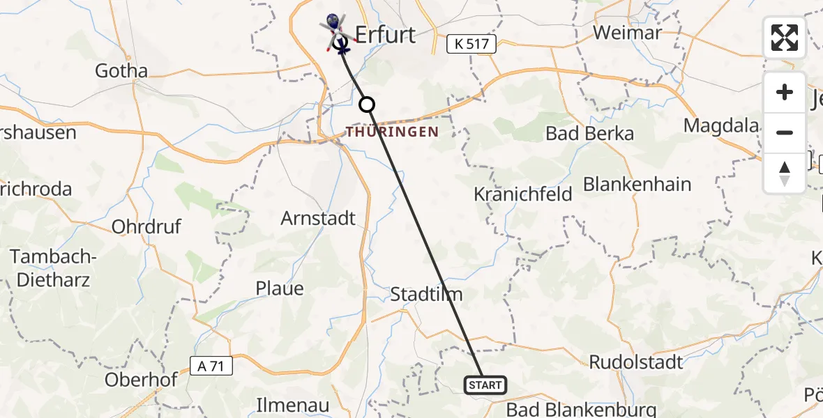 Flugroute Polizeihubschrauber Königsee - Erfurt-Weimar Flughafen, 10 Juni 2026, 09:32