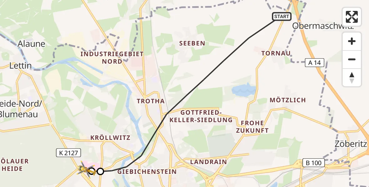 Flugroute Rettungshubschrauber Halle (Saale) - Halle (Saale) University Hospital, 10 Juni 2026, 09:40