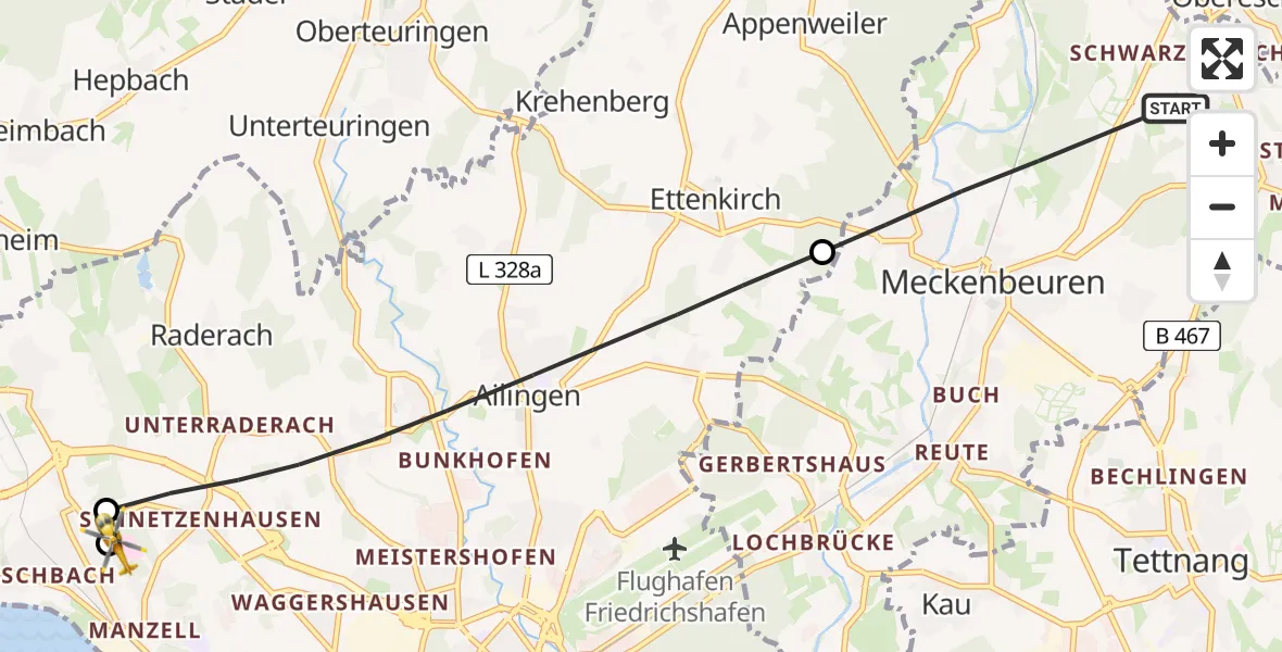 Flugroute Rettungshubschrauber Meckenbeuren - Friedrichshafen Hospital, 10 Juni 2026, 09:40