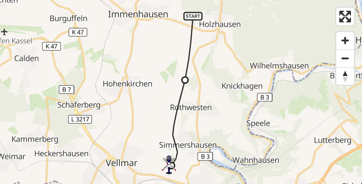Flugroute Polizeihubschrauber Immenhausen - Fuldatal Bundespolizei Hubschrauberlandeplatz, 10 Juni 2026, 09:40