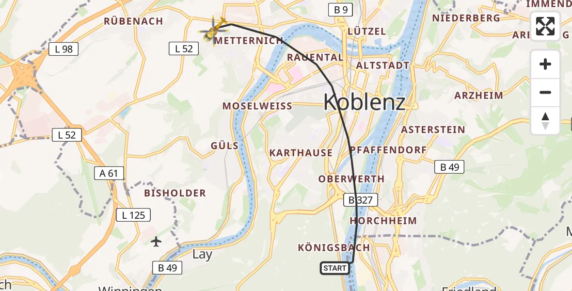 Flugroute Rettungshubschrauber Koblenz - Koblenz, 10 Juni 2026, 09:40