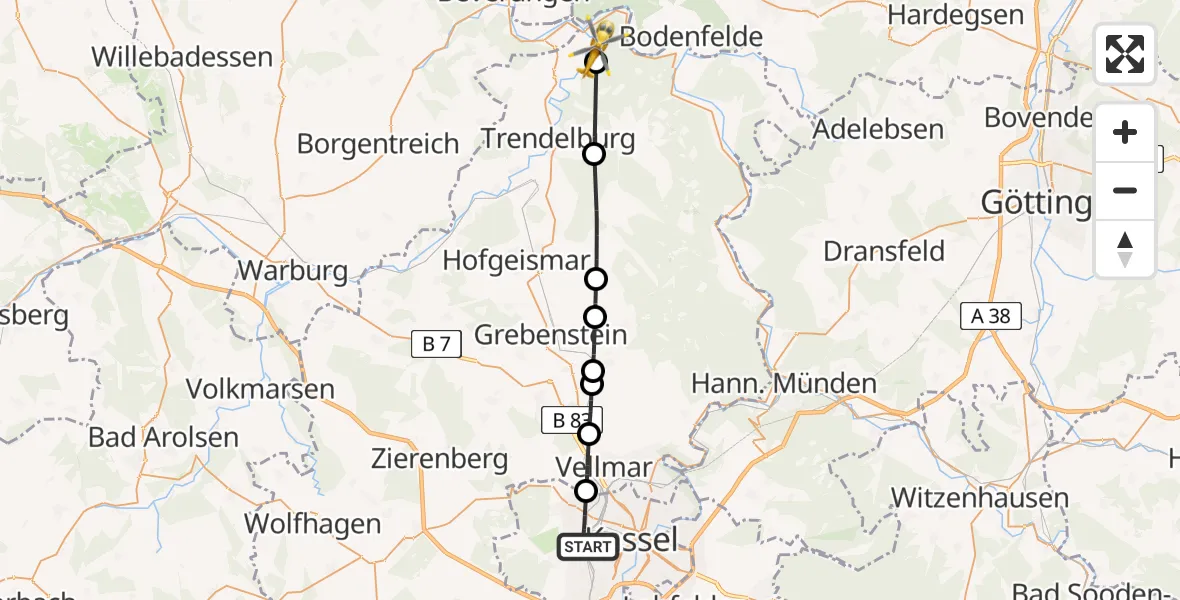 Flugroute Rettungshubschrauber Kassel - Bad Karlshafen, 10 Juni 2026, 09:46