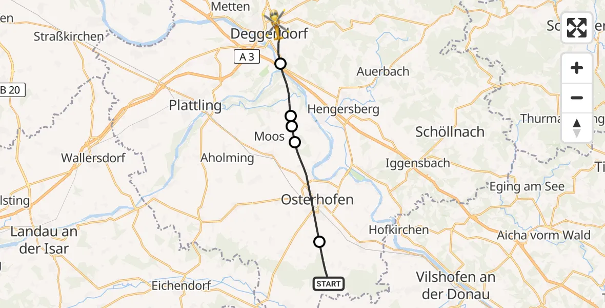 Flugroute Rettungshubschrauber Künzing - Deggendorf, 10 Juni 2026, 09:46
