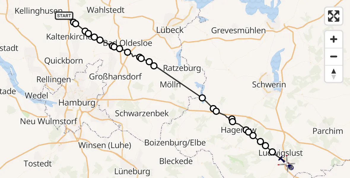 Flugroute Polizeihubschrauber Bad Bramstedt - Grabow, 10 Juni 2026, 09:52