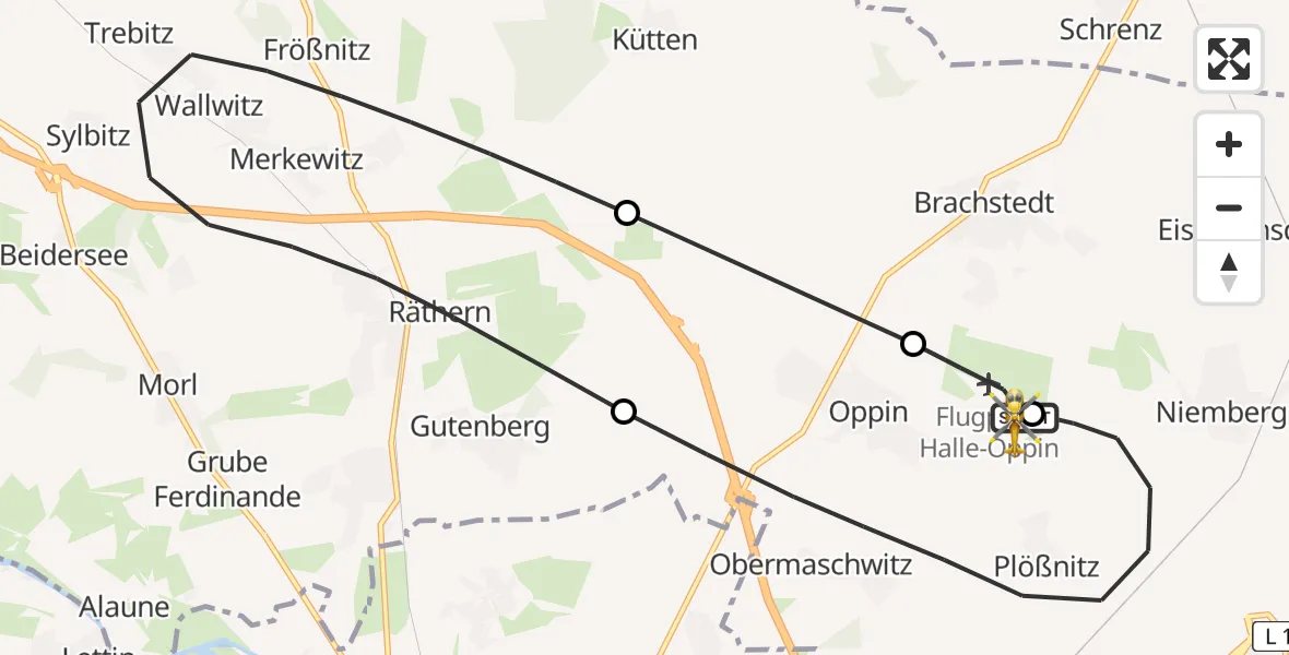 Flugroute Rettungshubschrauber Halle-Oppin Flugplatz - Halle-Oppin Flugplatz, 10 Juni 2026, 09:53