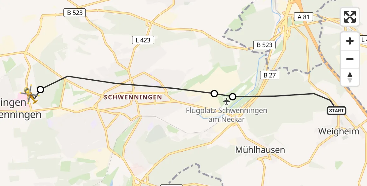 Flugroute Ambulanzhubschrauber Villingen-Schwenningen - DRF Air Rescue Station Villingen-Schwenningen Hubschrauberlandeplatz (Christoph 11), 10 Juni 2026, 09:57