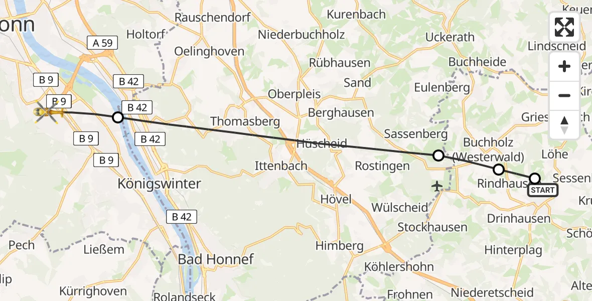 Flugroute Rettungshubschrauber DRK Kamillus Hospital Asbach - Bonn, 10 Juni 2026, 10:00