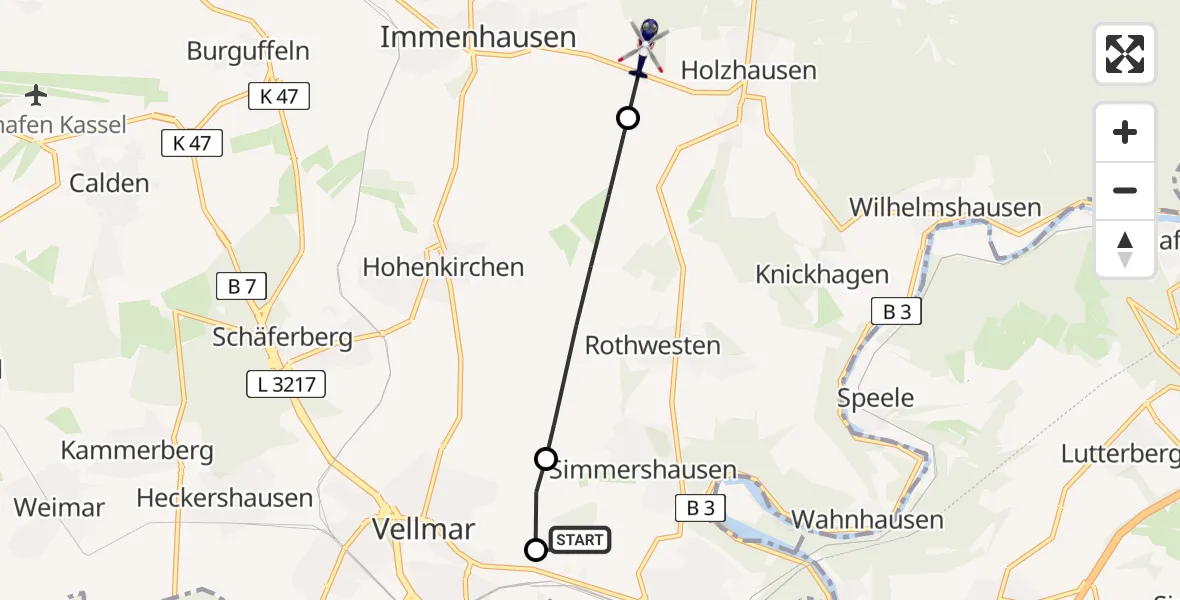 Flugroute Polizeihubschrauber Fuldatal Bundespolizei Hubschrauberlandeplatz - Immenhausen, 10 Juni 2026, 10:01