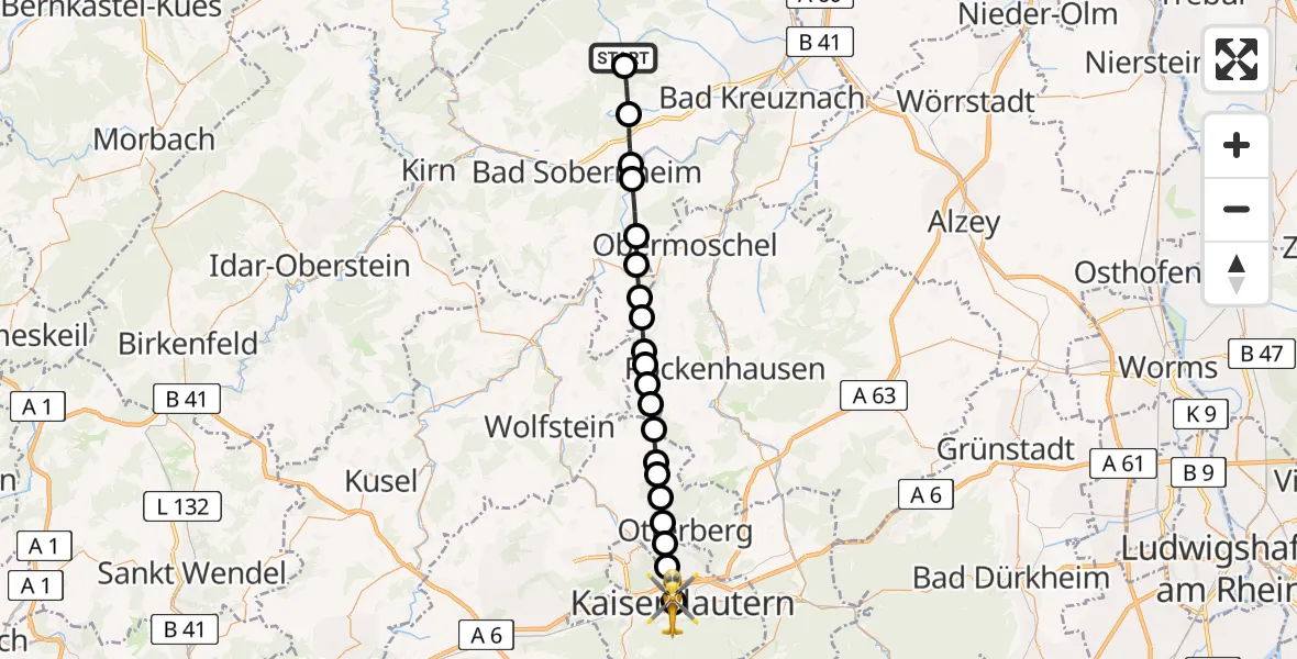 Flugroute Rettungshubschrauber Argenschwang - Westpfalz Hospital Kaiserslautern, 10 Juni 2026, 10:13