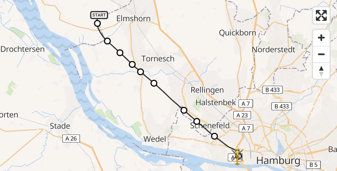 Flugroute Rettungshubschrauber Altenmoor - Asklepios Hospital Altona, 10 Juni 2026, 10:24