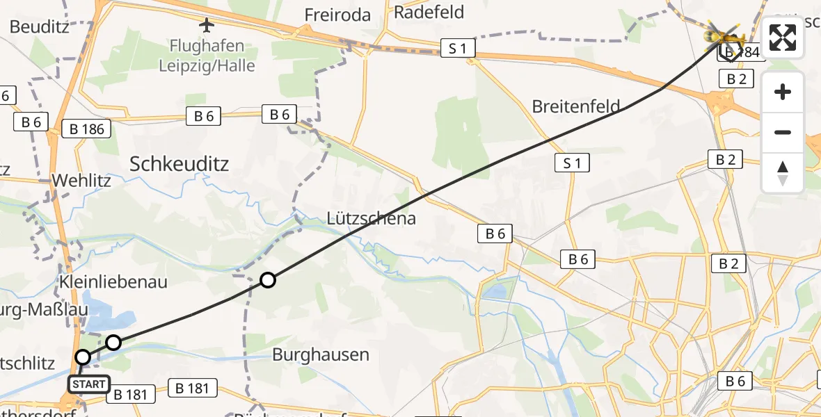 Flugroute Rettungshubschrauber ADAC Air Rescue Station Leipzig/Schkeuditz-Dölzig Hubschrauberlandeplatz (Christoph 61) - Leipzig, 10 Juni 2026, 10:27