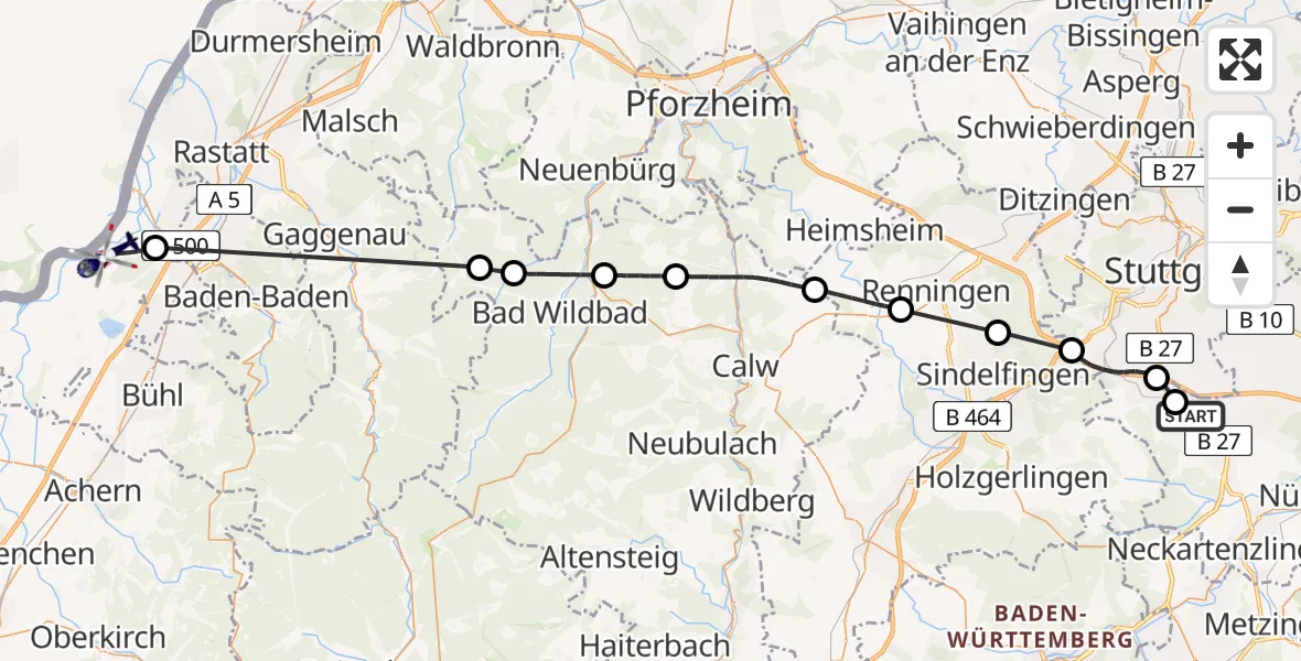 Flugroute Polizeihubschrauber Flughafen Stuttgart - Karlsruhe Baden-Baden Flughafen, 10 Juni 2026, 10:28