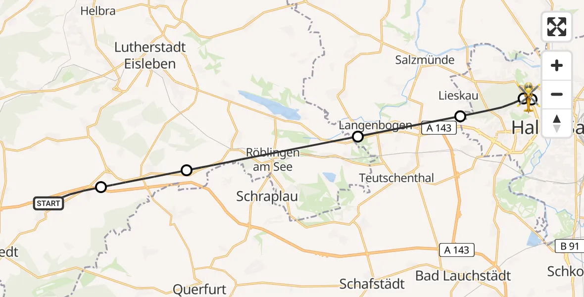 Flugroute Rettungshubschrauber Allstedt - Halle (Saale) University Hospital, 10 Juni 2026, 10:30