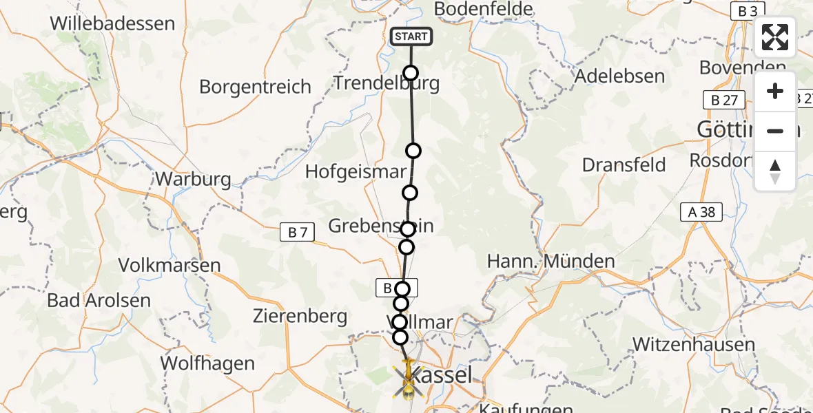 Flugroute Rettungshubschrauber Bad Karlshafen - Kassel, 10 Juni 2026, 10:34